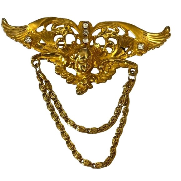 Vintage Angel Cherub Wings Brooch Gold-Tone Double Chains 3" x 3" - Picture 2 of 8